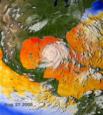 Sea surface temperatures during Hurricane Katrina captured from NASA's Aqua satellite (Credit: NASA, via Wikimedia Commons)