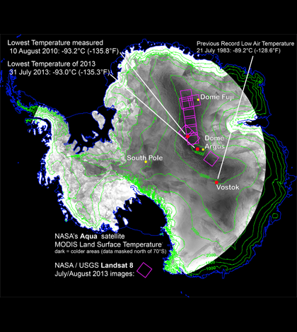 Coldest temperatures on Earth are measured near the center of Antarctica (Credit: Ted Scambos, National Snow and Ice Data Center)