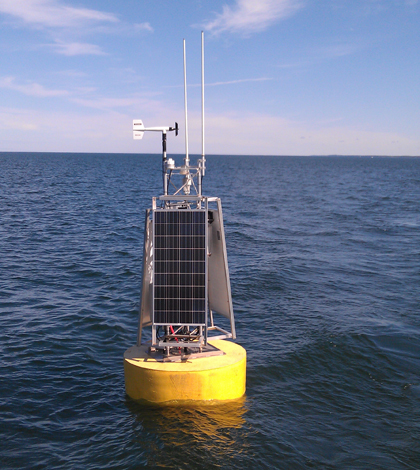 The NOAA data buoy in Lake Erie's off shore waters north of Cleveland (Credit: NOAA Great Lakes Environmental Research Laboratory)