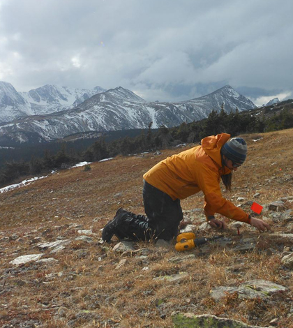 Installing gridded arrays of temperature data loggers to monitor the fraction of snow cover on the ground, crucial for validation of Landast and MODIS-derived snow cover estimates. (Credit: USGS)