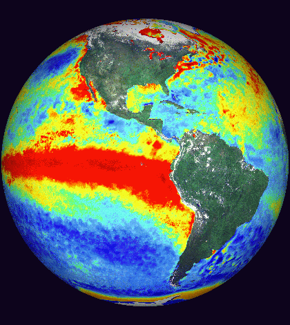 Sea surface temperature anomalies showing the 1998 El Nino event (Credit: NASA)