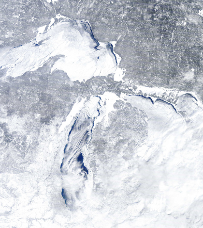 Great Lakes ice cover on Feb. 16 (Credit: NOAA Great Lakes CoastWatch)