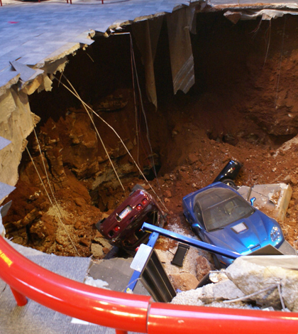 The National Corvette Museum sinkhole with the 2009 "Blue Devil" ZR1 Corvette visible (Credit: National Corvette Museum)