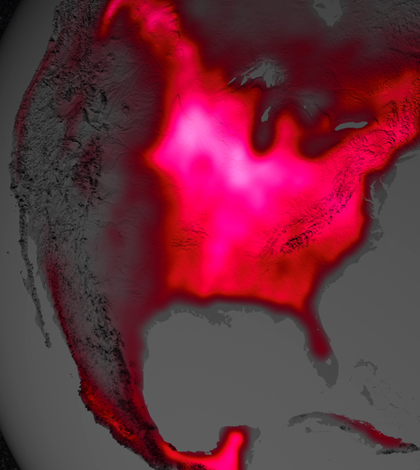 This rendering of fluorescence data collected from 2007 to 2011 prompted the recent agricultural productivity study (Credit: NASA's Goddard Space Flight Center)