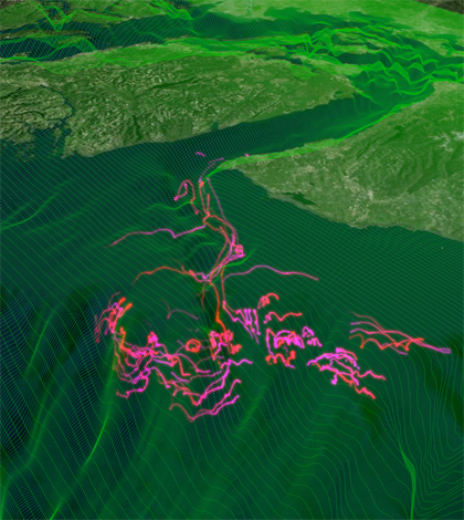 An image from a numerical simulation of the region, including Juan de Fuca Canyon. (Credit: Parker MacCready)