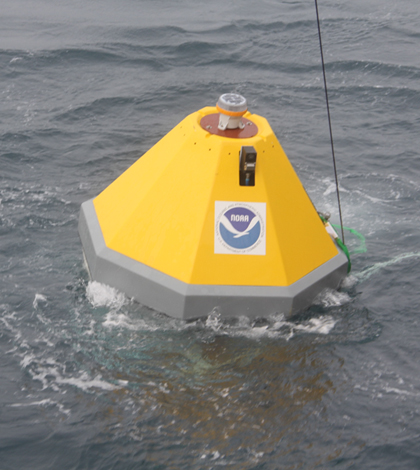 This NOAA ocean acidification buoy deployed near Iceland measures CO2 concentrations of the surface water and atmosphere, and seawater pH, temperature, salinity and oxygen (Credit: NOAA)