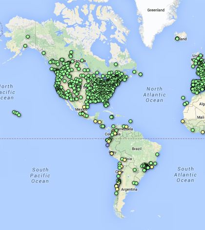 North and South America in The Guardian's air pollution map