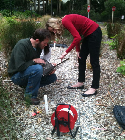 Measuring ground water parameters under a low-impact development feature on the San Francisco State University campus (Credit: Jason Gurdak)