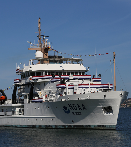 NOAA Ship Reuben Lasker pulls into the Navy Pier in San Diego in advance of her May 2 commissioning (Credit: David Hall/NOAA)