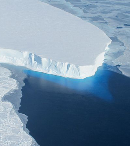 The calving front of Thwaites Ice Shelf looking at the ice below the water's surface (Credit: NASA, via Wikimedia Commons)