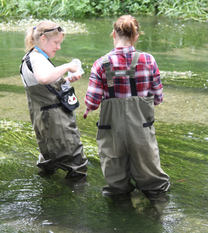 Shelley with a student collecting water gas samples in the river Lambourn. (Credit: Felicity Shelley)
