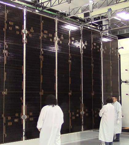 GOES-R solar array deployment at Lockheed Martin cleanroom in Sunnyvale, Calif. (Credit: Lockheed Martin)