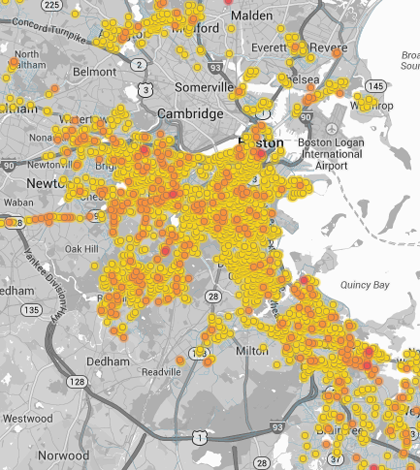 The project's map of methane leaks in Boston shows the old city's aging infrastructure is more prone to leaks (Credit: EDF/Google)