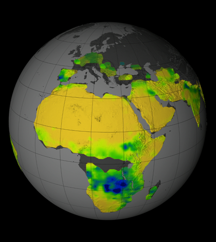 Satellite-derived image of the typical rain pattern for the Africa during the Southern Hemisphere's summer. (Credit: NASA Goddard's Science Visualization Studio/T. Schindler)