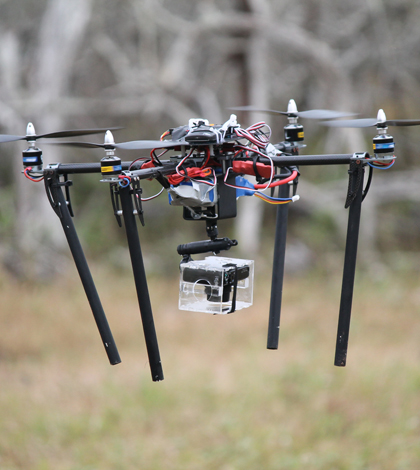 A quad-copter in flight during the Galapagos imaging expedition (Credit: Sean Burnett)