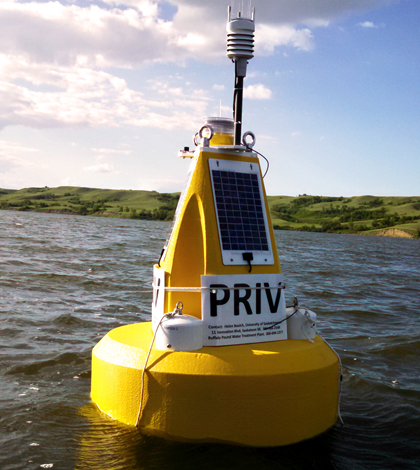 The water quality data buoy on bloom-prone Buffalo Pound Lake sends data to the water treatment plant. (Credit: Mike Voellmecke)