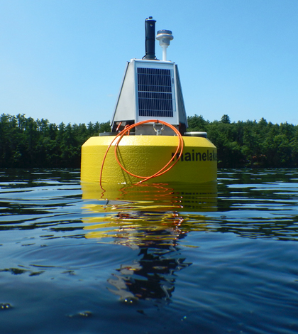 The water quality data buoy floating on Highland Lake (Credit: Lakes Environmental Association)