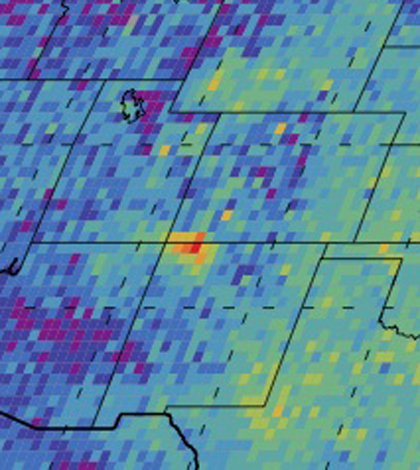A methane hotspot in the U.S. Southwest appared in satellite data (Credit: NASA/JPL-Caltech/University of Michigan)