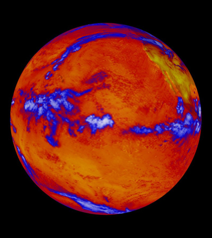 An image from NASA's Clouds and the Earth's Radiant Energy System instrument on the Terra satellite shows heat radiating from the Pacific Ocean. (Credit: NASA)