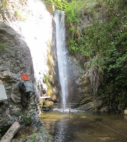 The waterfall in the San Dimas Experimental Forest where Sheingross' instruments have been denied the opportunity to measure a big sediment transport event. (Courtesy Joel Scheingross)