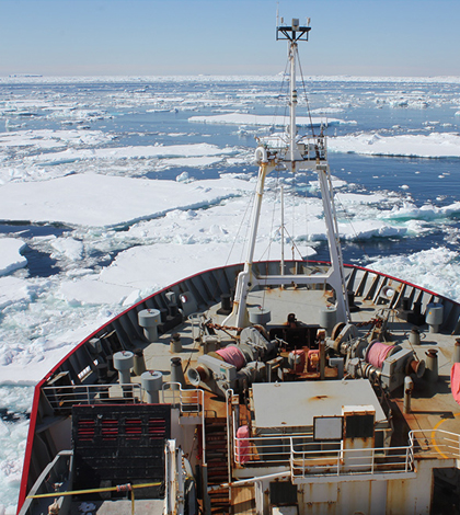 Researchers navigate their ship through the Weddell Sea. (Credit: Andrew Thompson / Caltech)