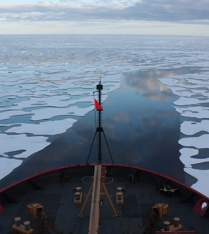 Scientists collected sea ice data from aboard the U.S. Coast Guard Cutter Healy in the Beaufort Sea. (Credit: NASA)