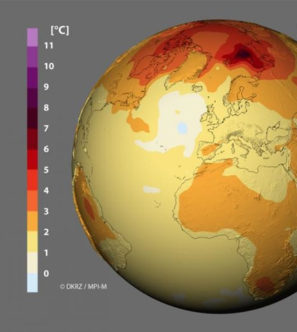 Earth model shows mean temperature change from 1986-2005. (Credit: MPI for Meteorology / Deutsches Klimarechenzentrum)