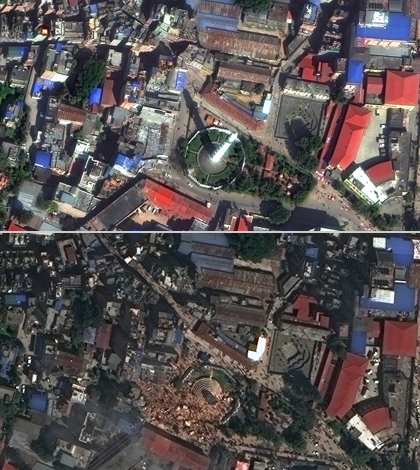 Satellite images before and after the earthquake. (Credit: DigitalGlobe)