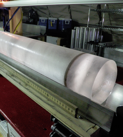 An ice core from the West Antarctic Ice Sheet Divide project. (Credit: Heidi Roop / NSF)