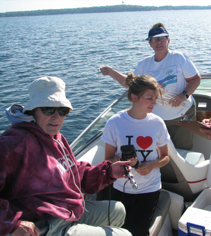 Volunteers take Secchi depth, dissolved oxygen and temperature measurements. They also collect water samples for chlorophyll and nutrient analysis. (Credit: Jane Shuttleworth)