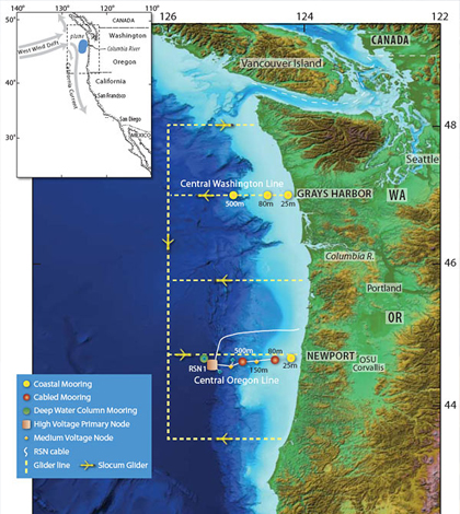 Map of the Endurance Array including Oregon and Washington lines. (Credit: Woods Hole Oceanographic Institution)