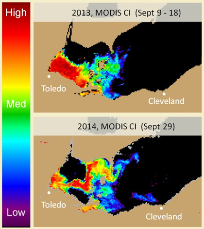 Extent of the Lake Erie algal bloom in 2013 and 2014. (Credit: NOAA)