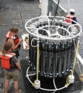 Scientists prepare a CTD Rosette for deployment. (Credit: Greg Cutter)