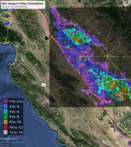 Total subsidence in California's San Joaquin Valley from May 3, 2014 to January 22, 2015. (Credit: Canadian Space Agency / NASA / JPL-Caltech)