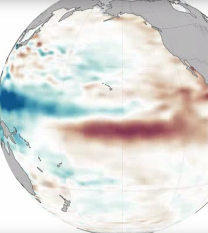 Sea surface height anomalies for the Pacific Ocean basin between January and July of 2015. (Credit: NASA)
