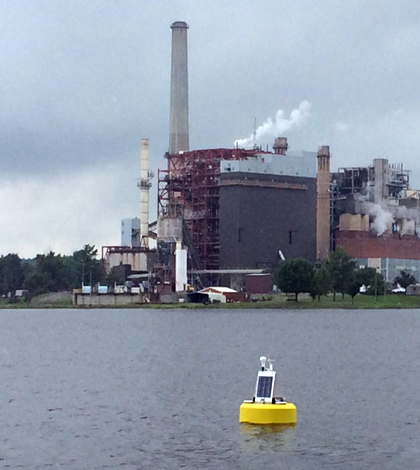 A NexSens CB-450 Data Buoy supports a GPS receiver, thermistor string and radio data logger on Lake of Egypt. (Credit: Southern Illinois Power Cooperative)