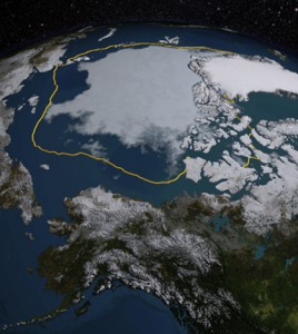 The 2015 Arctic sea ice summertime minimum shown with the 1981-2010 average (gold line). (Credit: NASA/Goddard Scientific Visualization Studio)