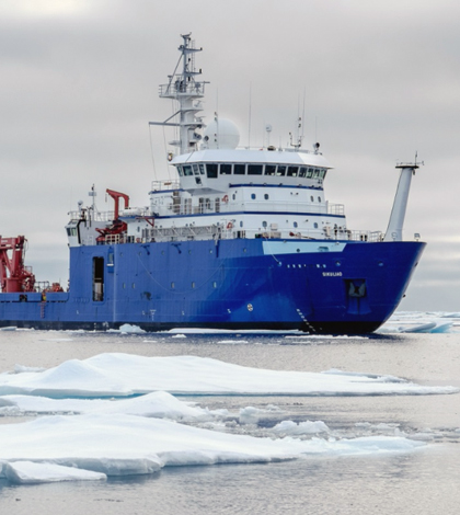 R/V Sikuliaq amidst Beaufort Sea ice during the fourth lowest Arctic sea-ice minimum. (Credit: Thomas Moore)