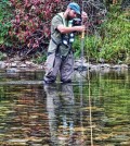 A hydrologic technician from the USGS Idaho Water Science Center measures streamflow in the St. Joe River at Red Ives Ranger Station in northern Idaho. (Credit: Dan Hess / U.S. Geological Survey)