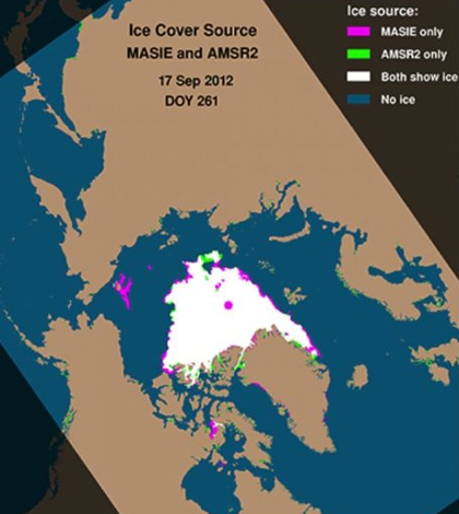Sea ice cover from a single day in 2012. (Credit: NSIDC)