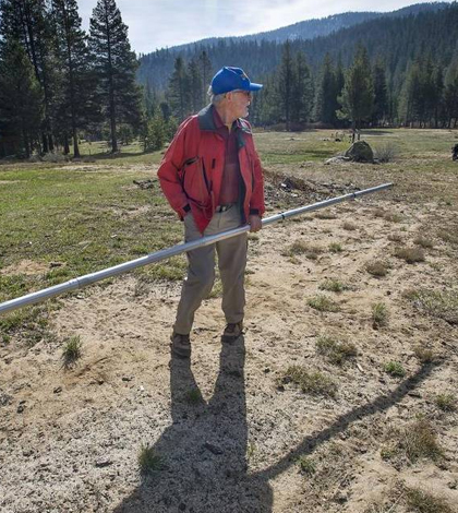 Frank Gehrke of the California Department of Water Resources has no snow to measure on the annual snowpack survey. (Credit: Randall Benton)
