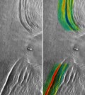 Internal waves at Dongsha Island on April 23, 2010, as seen by the radar on TerraSAR-X in its conventional mode of operation (left) and an experimental mode that permits direct velocity measurements (right). (Credit: German Aerospace Center (DLR) 2010)