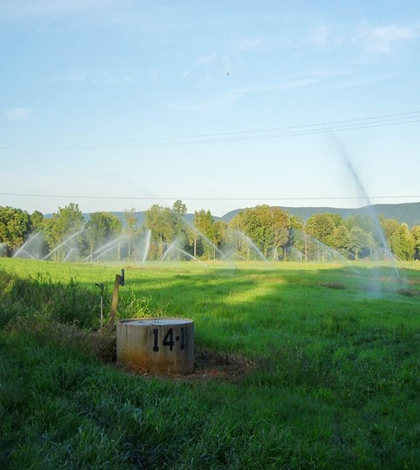 Active sprinklers spray water onto Penn State University’s Living Filter. (Credit: Emily Woodward / Penn State University)