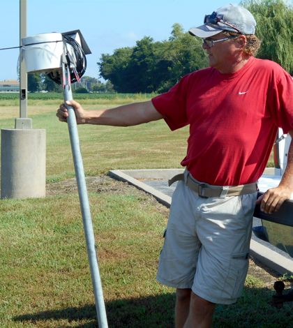Damon Dowdy of Below Ag Service demonstrates how the new soil moisture sensors will operate. (Credit: Southeast Missouri State University)