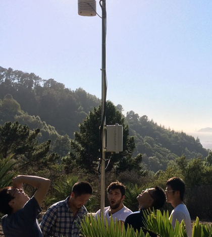 Students install a sensor tower in the University of California Botanical Garden to monitor air temperature, humidity, soil moisture and solar radiation. (Credit: University of California, Berkeley / Civil Engineering 271, Internet of Things team)