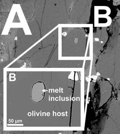 Olivine (A) hosts melt inclusions (B) containing tiny amounts of water from Earth's deep mantle. (Credit: University of Hawaii)