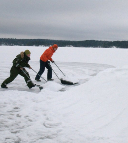 Piling a human-made snowdrift in the breeding habitat of the ringed seal in Lake Saimaa, Finland. (Credit: Mervi Kunnasranta)
