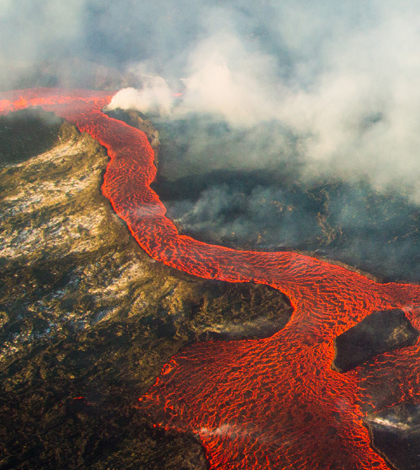 January 2015 photo of an active lava flow from 2014-2015 eruption at Holuhraun in Iceland. (Credit: Anja Schmidt / University of Leeds)