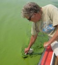 A researcher samples water from HAB events in Lake Taihu, China. (Courtesy of Hans Paerl / University of North Carolina at Chapel Hill)