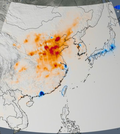 Trend map of East Asia showing the change in nitrogen dioxide emissions across China, South Korea and Japan from 2005 to 2014. (Credit: NASA)